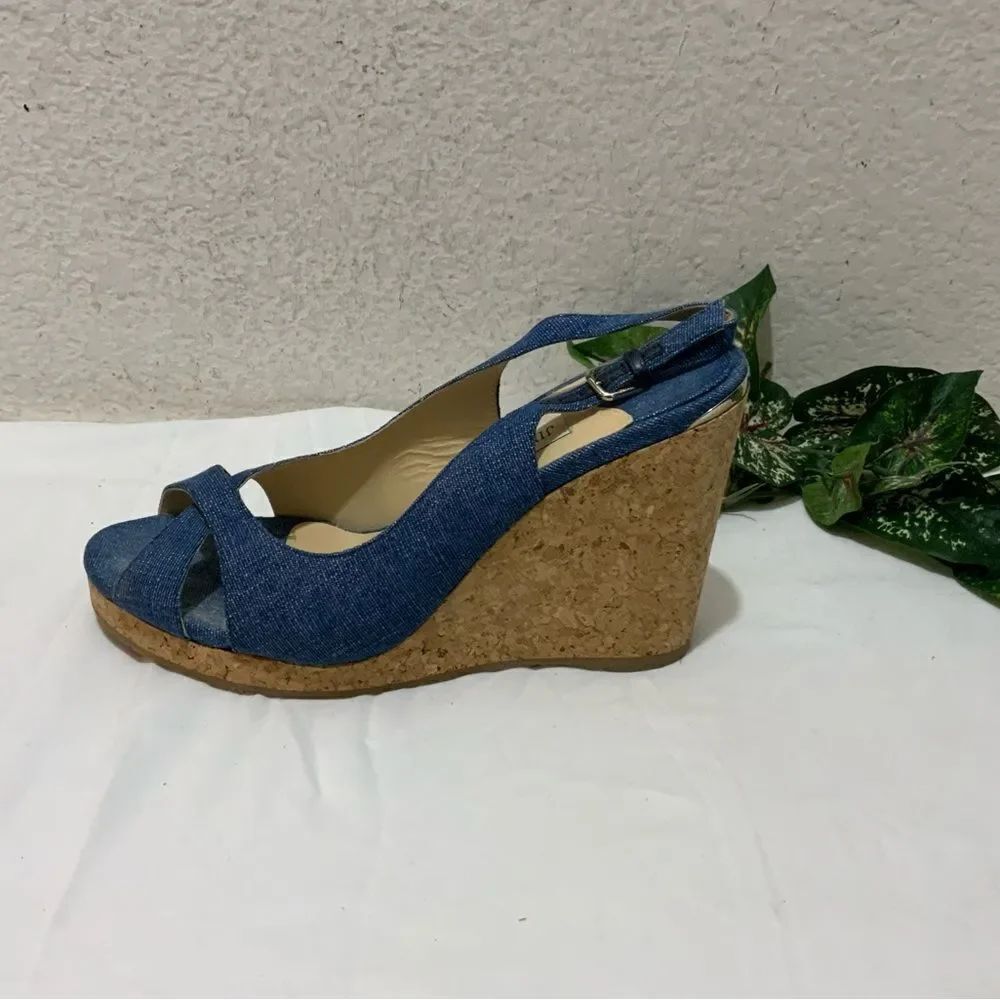 Jimmy Choo Amely 105 Slingback Sandals Denim Cork Wedges size 39.5